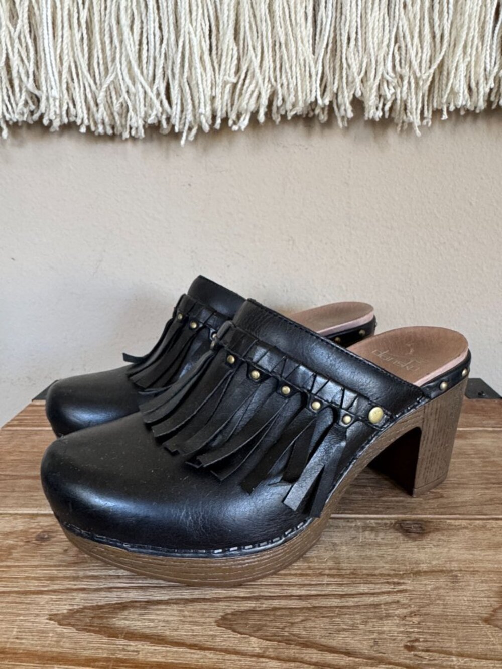 Dansko Deni Black Leather Fringe Block Heeled Closed Toe Platform Clogs Size 36